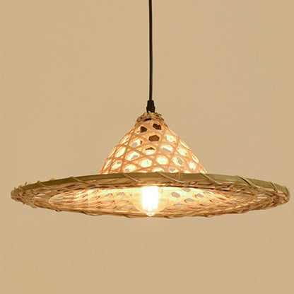 Contemporary Boho Hat Shape Bamboo Weaving Lampshade Iron 1 - Light Pendant Light For Dining Room