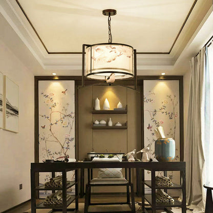 Traditional Chinese Flower Pattern Bird Fabric Lampshade Iron 3 - Light Chandeliers For Dining Room