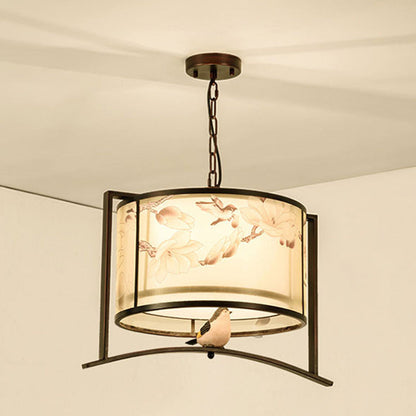 Traditional Chinese Flower Pattern Bird Fabric Lampshade Iron 3 - Light Chandeliers For Dining Room