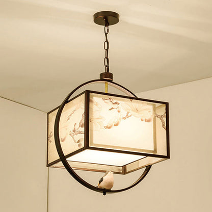 Traditional Chinese Flower Pattern Bird Fabric Lampshade Iron 3 - Light Chandeliers For Dining Room
