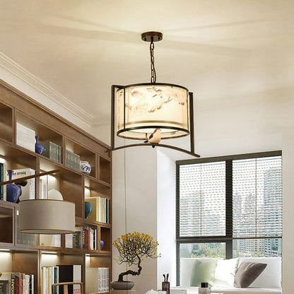 Traditional Chinese Flower Pattern Bird Fabric Lampshade Iron 3 - Light Chandeliers For Dining Room