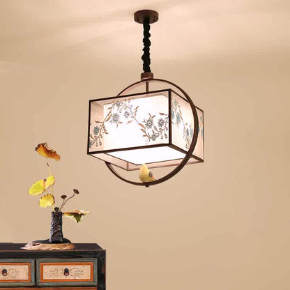 Traditional Chinese Flower Pattern Bird Fabric Lampshade Iron 3 - Light Chandeliers For Dining Room
