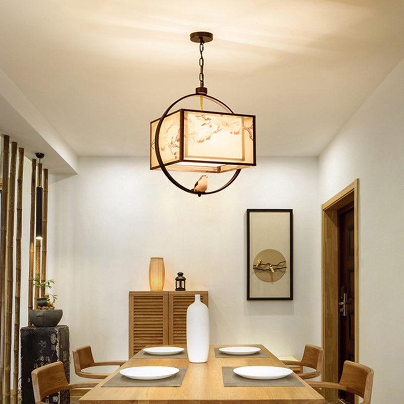 Traditional Chinese Flower Pattern Bird Fabric Lampshade Iron 3 - Light Chandeliers For Dining Room