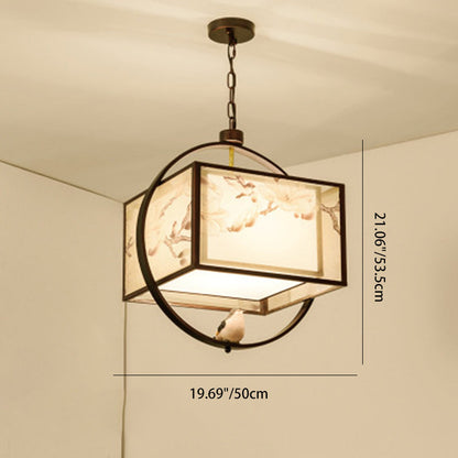 Traditional Chinese Flower Pattern Bird Fabric Lampshade Iron 3 - Light Chandeliers For Dining Room