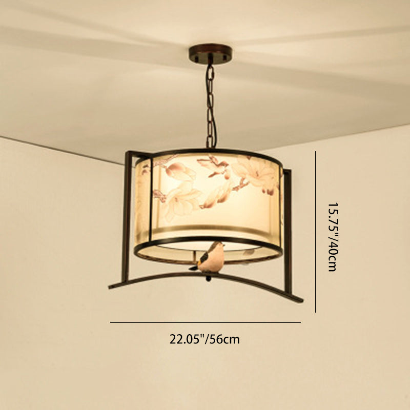 Traditional Chinese Flower Pattern Bird Fabric Lampshade Iron 3 - Light Chandeliers For Dining Room
