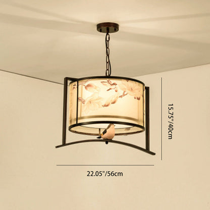 Traditional Chinese Flower Pattern Bird Fabric Lampshade Iron 3 - Light Chandeliers For Dining Room