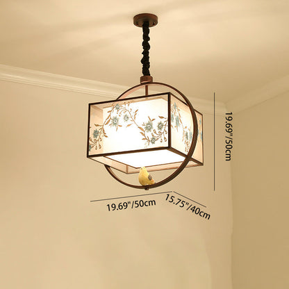 Traditional Chinese Flower Pattern Bird Fabric Lampshade Iron 3 - Light Chandeliers For Dining Room