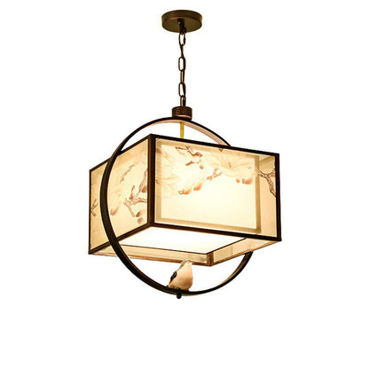 Traditional Chinese Flower Pattern Bird Fabric Lampshade Iron 3 - Light Chandeliers For Dining Room