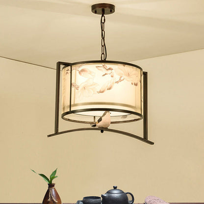 Traditional Chinese Flower Pattern Bird Fabric Lampshade Iron 3 - Light Chandeliers For Dining Room