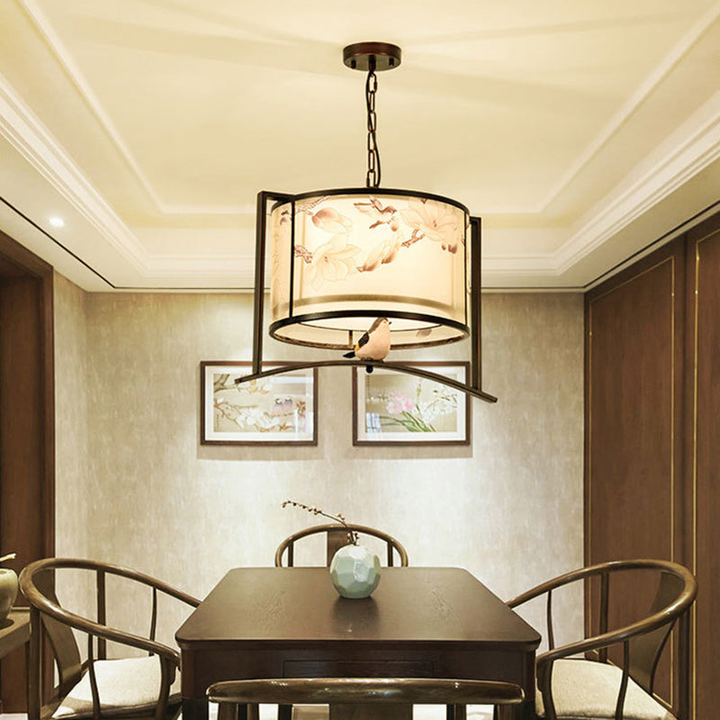 Traditional Chinese Flower Pattern Bird Fabric Lampshade Iron 3 - Light Chandeliers For Dining Room