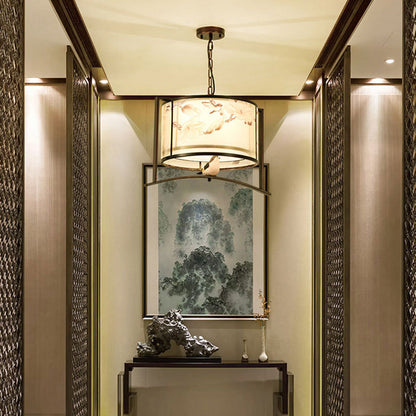 Traditional Chinese Flower Pattern Bird Fabric Lampshade Iron 3 - Light Chandeliers For Dining Room