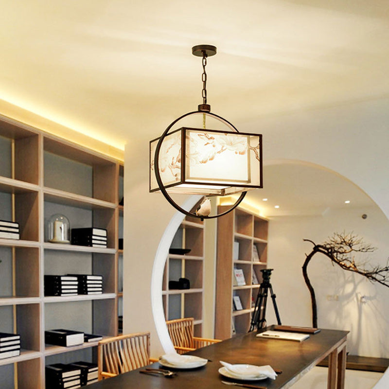 Traditional Chinese Flower Pattern Bird Fabric Lampshade Iron 3 - Light Chandeliers For Dining Room