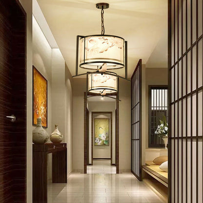 Traditional Chinese Flower Pattern Bird Fabric Lampshade Iron 3 - Light Chandeliers For Dining Room