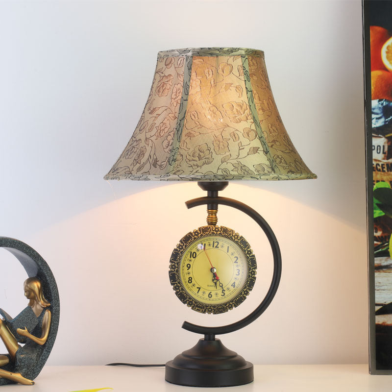 Traditional European Clock Pattern Fabric Lampshade Iron Base 1 - Light Table Lamp For Living Room