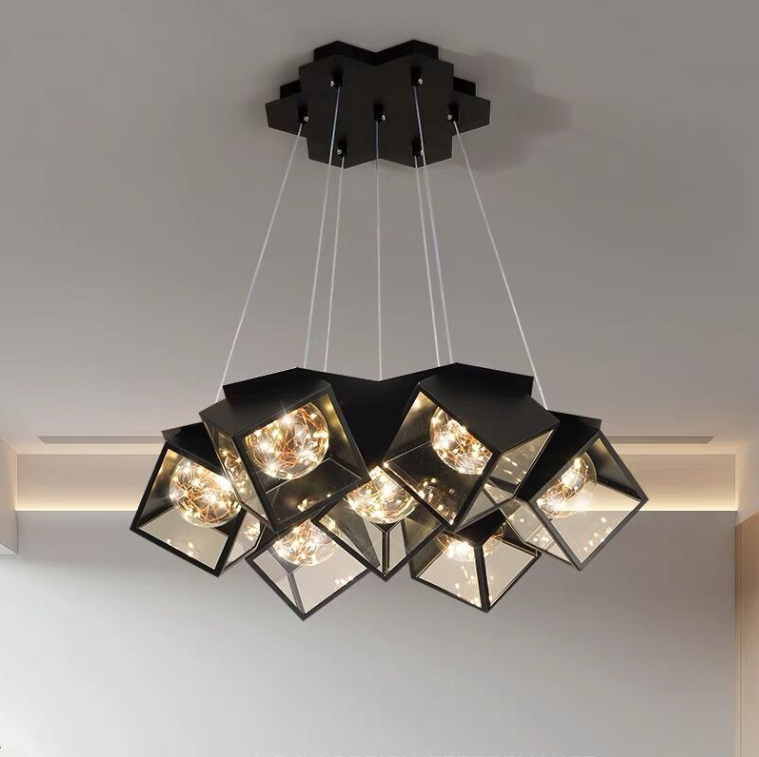 Modern Art Deco Baby's Breath Cube Sphere Iron Acrylic Lampshade LED Chandelier For Dining Room