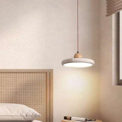 Traditional Japanese Dome Round Yellow Travertine Lampshade Wood LED Pendant Light For Dining Room