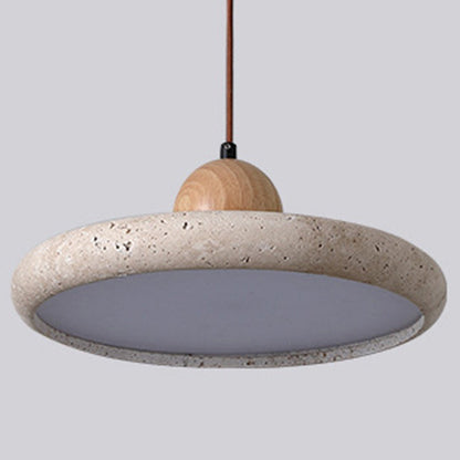 Traditional Japanese Dome Round Yellow Travertine Lampshade Wood LED Pendant Light For Dining Room