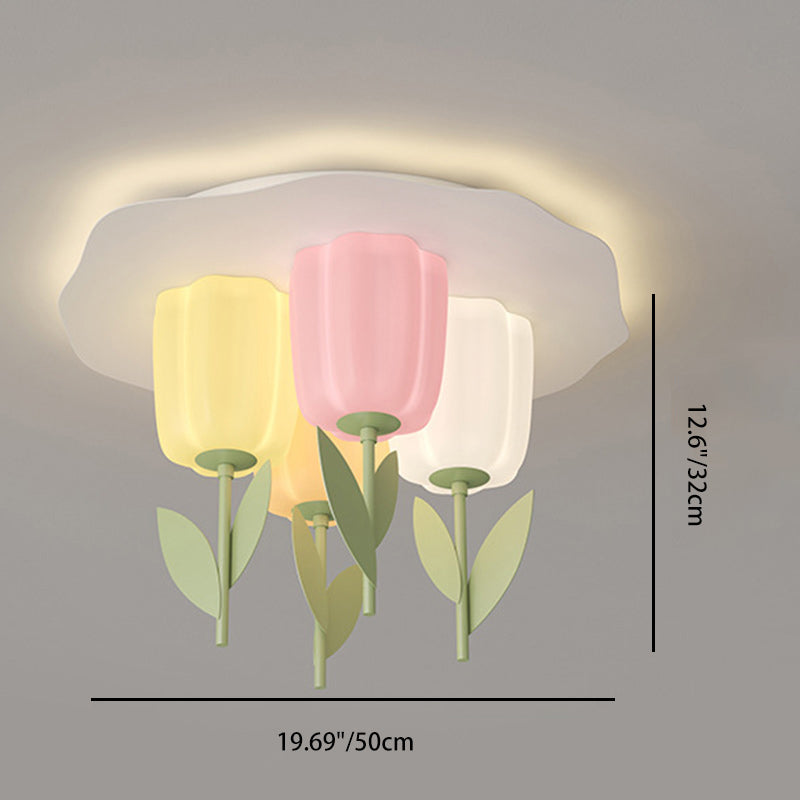 Contemporary Creative Cream Tulips Roto-molding Lampshade Iron LED Semi-Flush Mount Ceiling Light For Bedroom