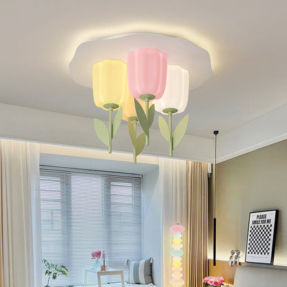 Contemporary Creative Cream Tulips Roto-molding Lampshade Iron LED Semi-Flush Mount Ceiling Light For Bedroom