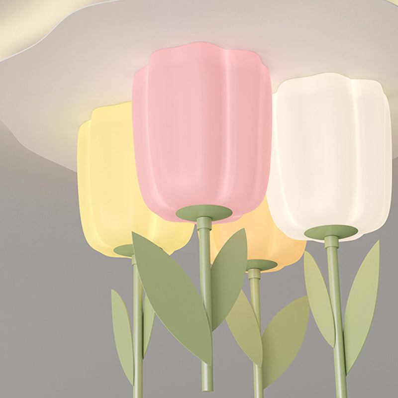 Contemporary Creative Cream Tulips Roto-molding Lampshade Iron LED Semi-Flush Mount Ceiling Light For Bedroom