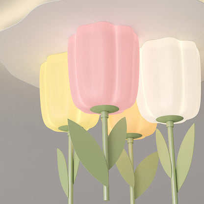 Contemporary Creative Cream Tulips Roto-molding Lampshade Iron LED Semi-Flush Mount Ceiling Light For Bedroom