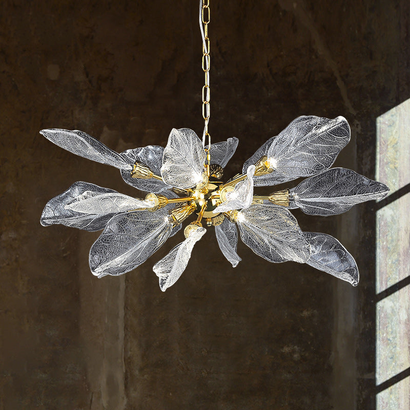 Modern Luxury Branch Leaves Crystal Lampshade Aluminum LED Chandelier For Dining Room