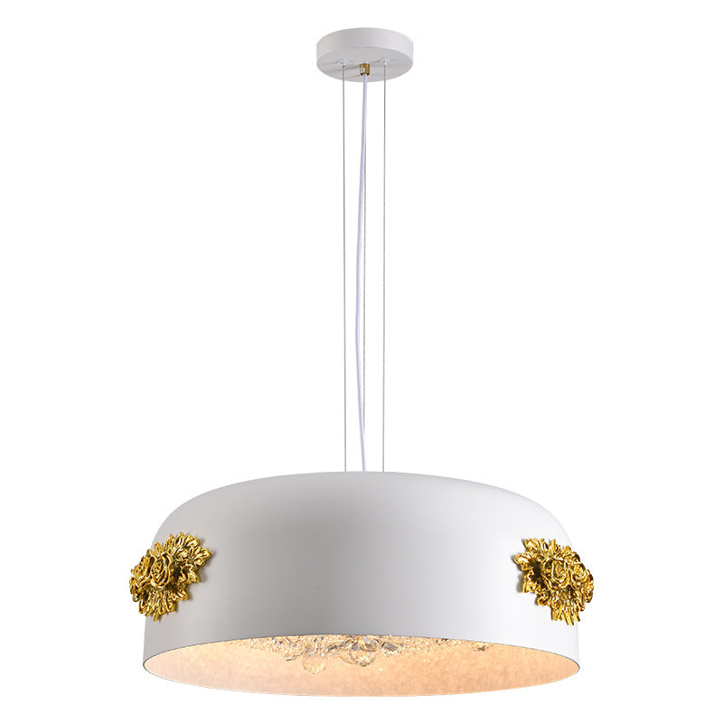 Traditional French Rose Pattern Resin Stainless Steel Lampshade Crystal LED Chandelier For Dining Room