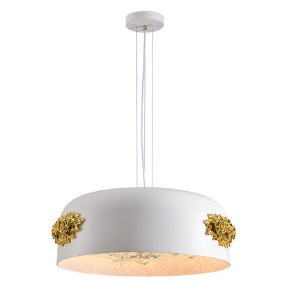 Traditional French Rose Pattern Resin Stainless Steel Lampshade Crystal LED Chandelier For Dining Room