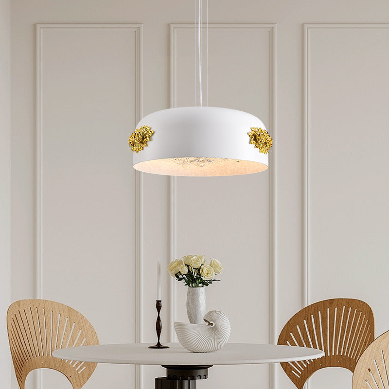 Traditional French Rose Pattern Resin Stainless Steel Lampshade Crystal LED Chandelier For Dining Room