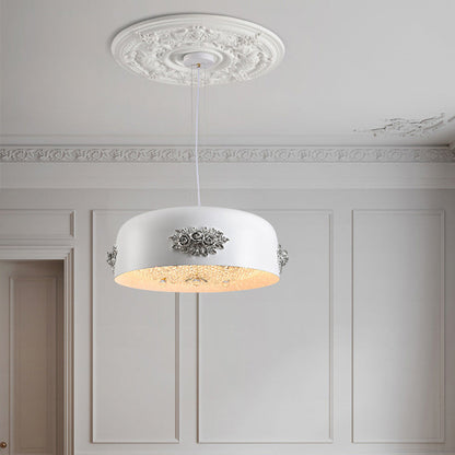 Traditional French Rose Pattern Resin Stainless Steel Lampshade Crystal LED Chandelier For Dining Room