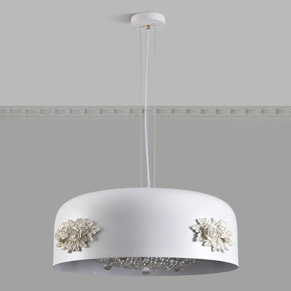 Traditional French Rose Pattern Resin Stainless Steel Lampshade Crystal LED Chandelier For Dining Room