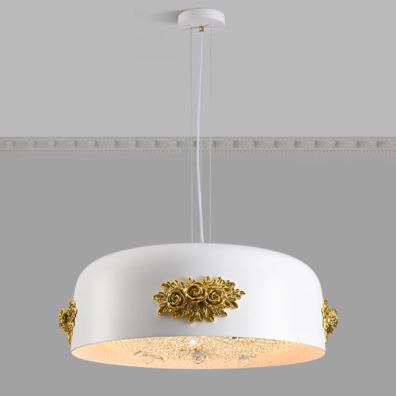 Traditional French Rose Pattern Resin Stainless Steel Lampshade Crystal LED Chandelier For Dining Room