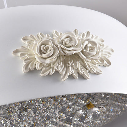 Traditional French Rose Pattern Resin Stainless Steel Lampshade Crystal LED Chandelier For Dining Room