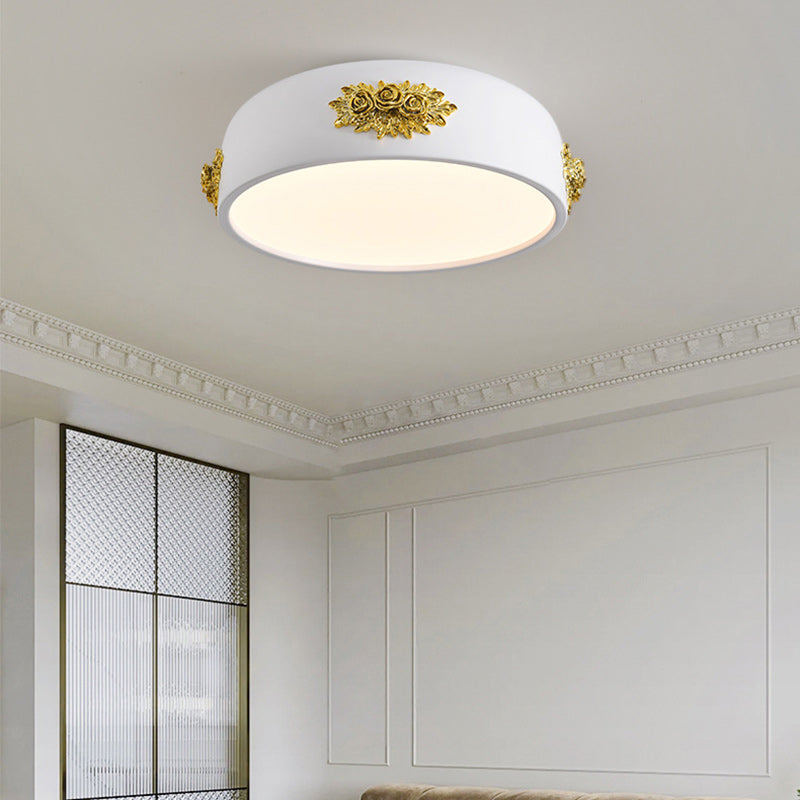 Traditional French Rose Pattern Resin Stainless Steel Acrylic Lampshade LED Flush Mount Ceiling Light For Bedroom