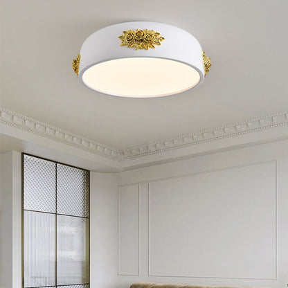 Traditional French Rose Pattern Resin Stainless Steel Acrylic Lampshade LED Flush Mount Ceiling Light For Bedroom