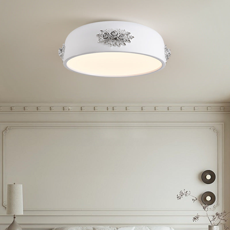 Traditional French Rose Pattern Resin Stainless Steel Acrylic Lampshade LED Flush Mount Ceiling Light For Bedroom