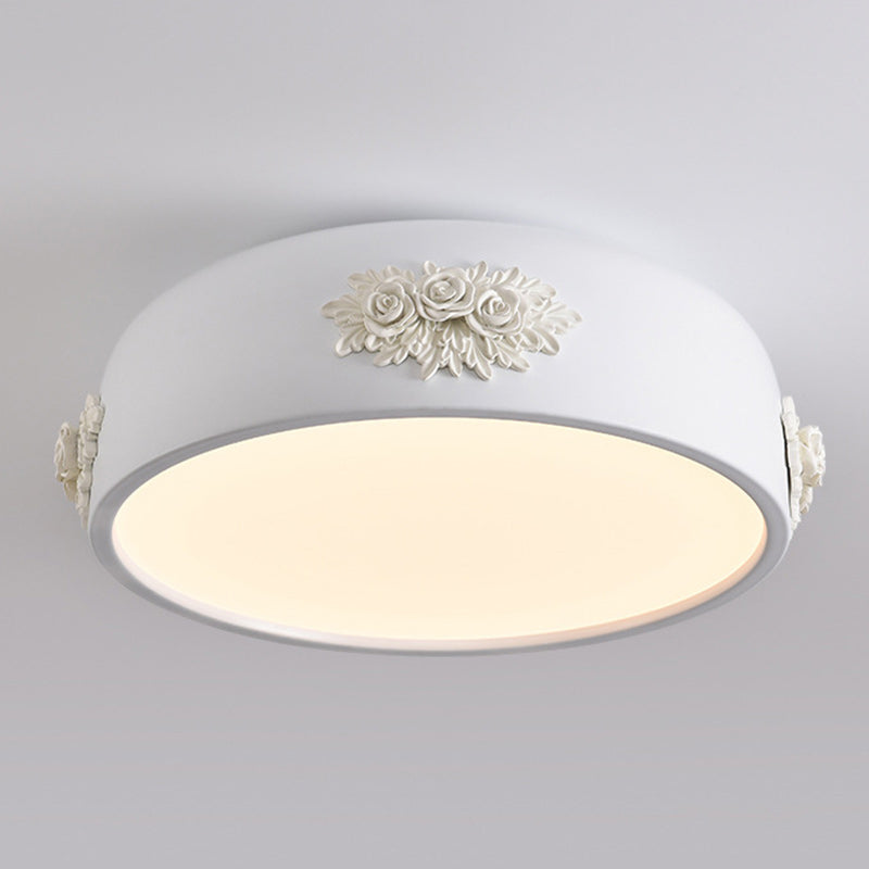 Traditional French Rose Pattern Resin Stainless Steel Acrylic Lampshade LED Flush Mount Ceiling Light For Bedroom