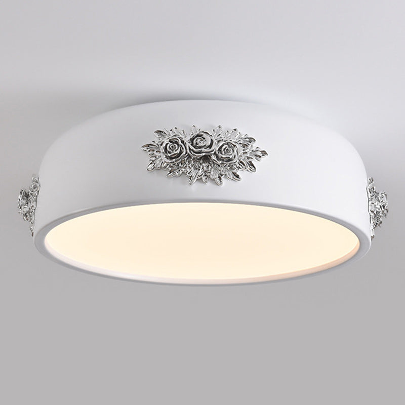 Traditional French Rose Pattern Resin Stainless Steel Acrylic Lampshade LED Flush Mount Ceiling Light For Bedroom