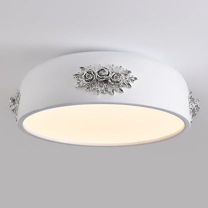 Traditional French Rose Pattern Resin Stainless Steel Acrylic Lampshade LED Flush Mount Ceiling Light For Bedroom