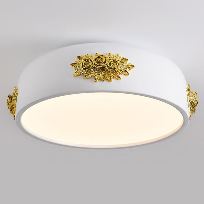 Traditional French Rose Pattern Resin Stainless Steel Acrylic Lampshade LED Flush Mount Ceiling Light For Bedroom