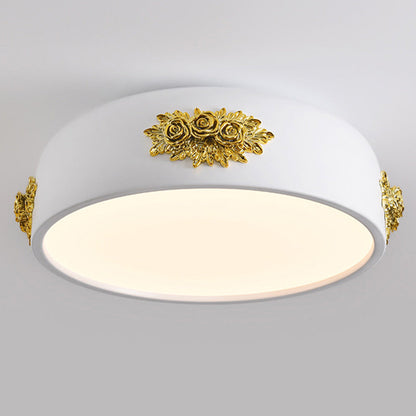 Traditional French Rose Pattern Resin Stainless Steel Acrylic Lampshade LED Flush Mount Ceiling Light For Bedroom