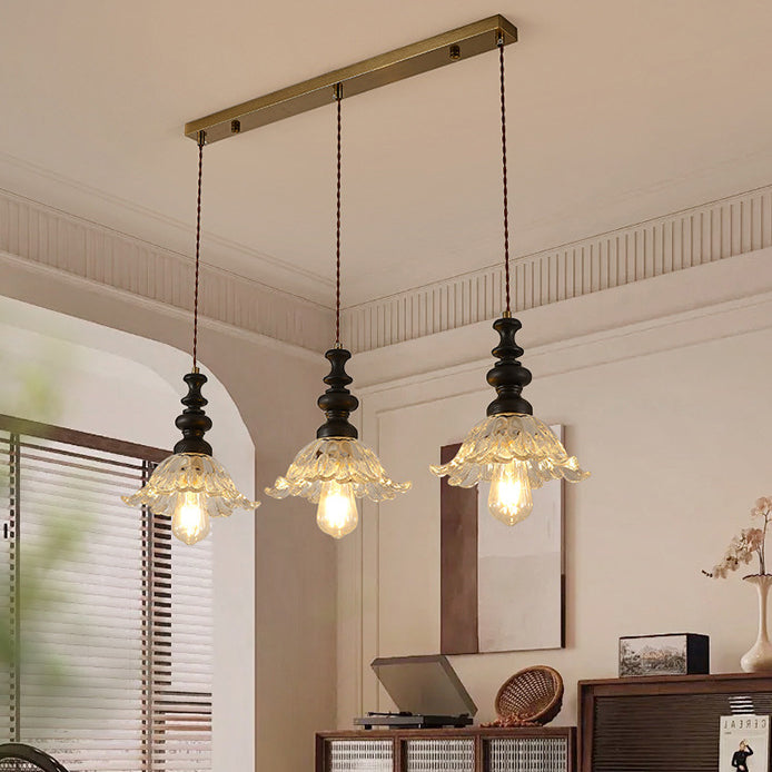 Traditional French Flower Shape Glass Lampshade Iron Solid Wood 1/3 - Light Chandelier For Dining Room