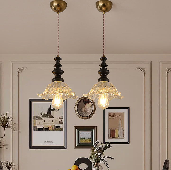 Traditional French Flower Shape Glass Lampshade Iron Solid Wood 1/3 - Light Chandelier For Dining Room