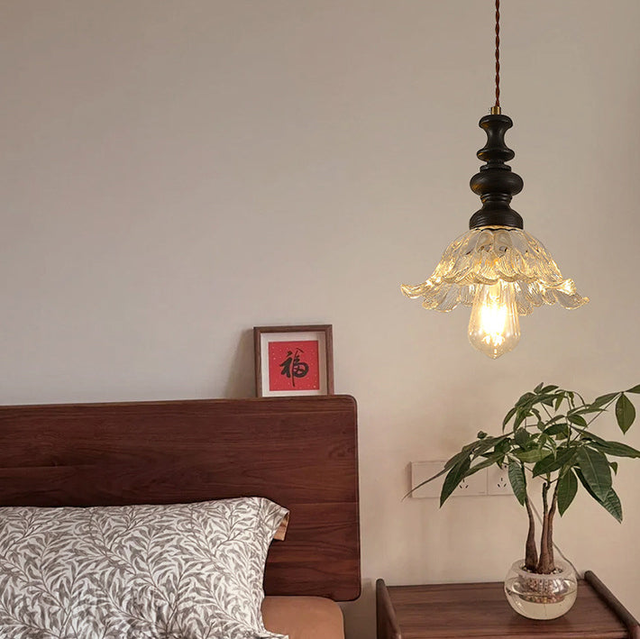 Traditional French Flower Shape Glass Lampshade Iron Solid Wood 1/3 - Light Chandelier For Dining Room