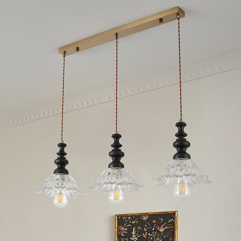 Traditional French Flower Shape Glass Lampshade Iron Solid Wood 1/3 - Light Chandelier For Dining Room