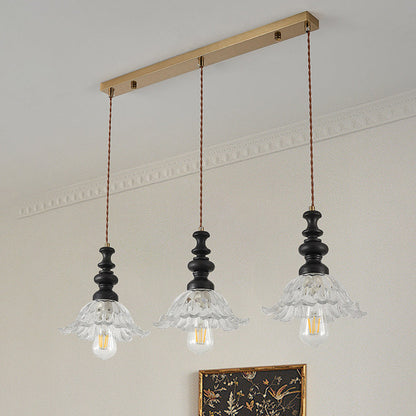 Traditional French Flower Shape Glass Lampshade Iron Solid Wood 1/3 - Light Chandelier For Dining Room