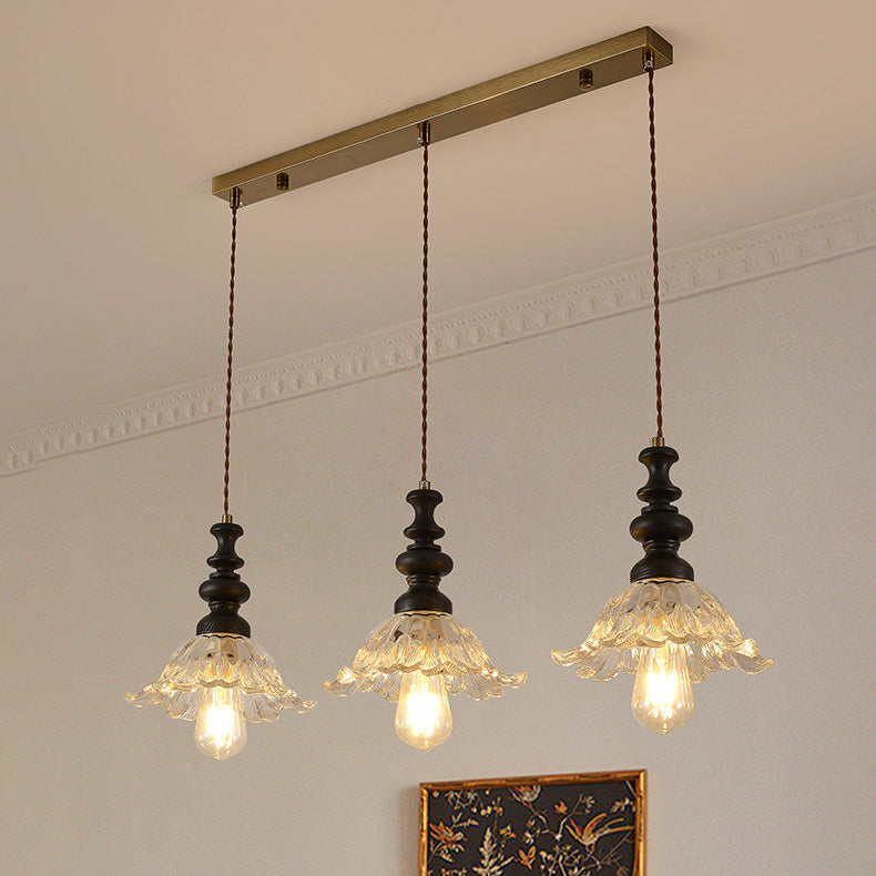 Traditional French Flower Shape Glass Lampshade Iron Solid Wood 1/3 - Light Chandelier For Dining Room
