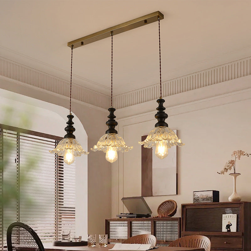Traditional French Flower Shape Glass Lampshade Iron Solid Wood 1/3 - Light Chandelier For Dining Room