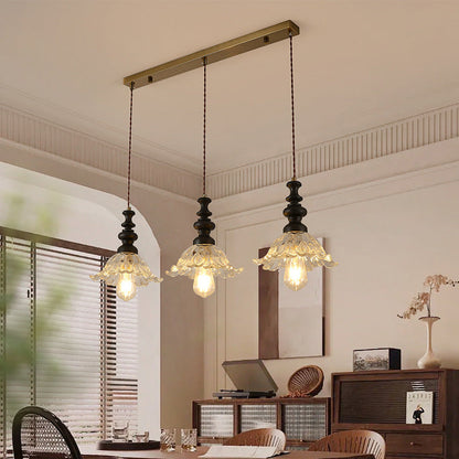 Traditional French Flower Shape Glass Lampshade Iron Solid Wood 1/3 - Light Chandelier For Dining Room