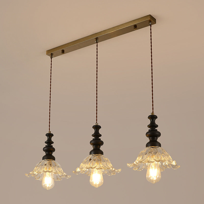 Traditional French Flower Shape Glass Lampshade Iron Solid Wood 1/3 - Light Chandelier For Dining Room